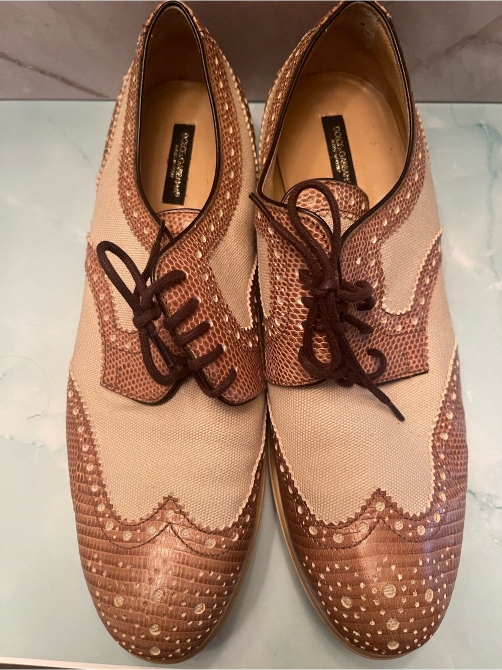 Dolce & Gabbana Beige and Brown Brogue Wingtip Loafers